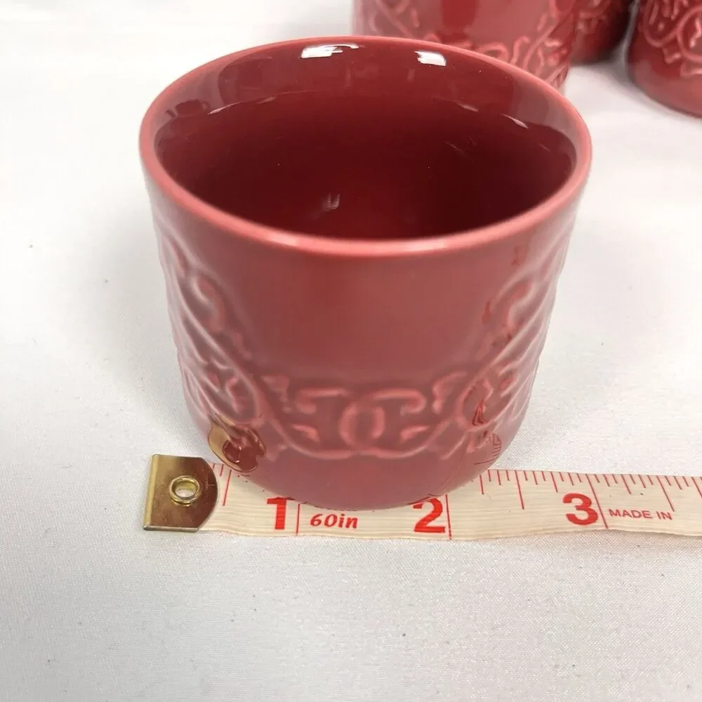 Teavana Rohan Pattern Red Ceramic 5 Pc Teapot Lid & 4 Cups Embossed Small Chip